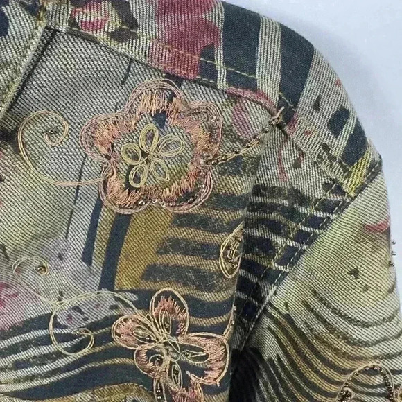Chico’s Fashion Floral Retro Rhinestone Women Jean Jacket Size Medium Chico’s 2 - Picture 5 of 14